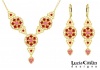Lucia Costin Necklace and Earrings Set Made of 24K Gold Plated over .925 Sterling Silver with Pink, Red Swarovski Crystals, 6 Petal Flowers and Triangle Shaped Filigree Elements; Handmade in USA