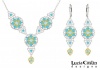 .925 Sterling Silver with 24K Yellow Gold Plated over .925 Sterling Silver Jewelry Set: Necklace and Earrings by Lucia Costin with 3 Dangle Stones, 6 Petal Flowers, Light Blue and Turquoise Swarovski Crystals; Handmade in USA