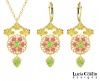 European Inspired 24K Gold Plated over .925 Sterling Silver Pendant and Earrings Set by Lucia Costin Ornate with Light Green, Pink Swarovski Crystals Surrounded by Dots and Lovely Charms; Handmade in USA