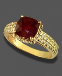 A romantic ring featuring a rich, oval-cut ruby (3-1/8 ct. t.w.) and sparkling round-cut diamonds in a 14k rose gold setting. A romantic ring featuring a rich, oval-cut ruby (3-1/8 ct. t.w.) and sparkling round-cut diamonds in a 14k rose gold setting.
