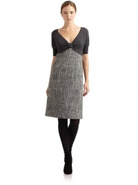 THE LOOKSolid knit bodiceV-neckGathered center tab creates a bow detailEmpire waistShort sleeves with banded cuffs Tweed skirtSide zipperTHE FITAbout 37 from shoulder to hemTHE MATERIALFabric 1: virgin wool/polyesterFabric 2: virgin woolFully linedCARE & ORIGINDry cleanMade in ItalyModel shown is 5'9 (175cm) wearing US size 4. THE LOOKSolid knit bodiceV-neckGathered center tab creates a bow detailEmpire waistShort sleeves with banded cuffs Tweed skirtSide zipperTHE FITAbout 37 from shoulder to hemTHE MATERIALFabric 1: virgin wool/polyesterFabric 2: virgin woolFully linedCARE & ORIGINDry cleanMade in ItalyModel shown is 5'9 (175cm) wearing US size 4.