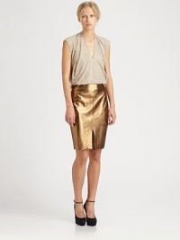 Embrace the unpredictable leather trend in this sleek metallic pencil skirt with a high front slit. Invisible back zipperFront slitAbout 22 longLeatherDry clean with leather specialistImported of Italian fabricModel shown is 5'10 (177cm) wearing US size 4. Embrace the unpredictable leather trend in this sleek metallic pencil skirt with a high front slit. Invisible back zipperFront slitAbout 22 longLeatherDry clean with leather specialistImported of Italian fabricModel shown is 5'10 (177cm) wearing US size 4.