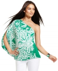 INC adds a touch of tropic-inspired glam to your closet with this one-shoulder dolman top, featuring a vibrant print and a dose of rhinestone studs. INC adds a touch of tropic-inspired glam to your closet with this one-shoulder dolman top, featuring a vibrant print and a dose of rhinestone studs.