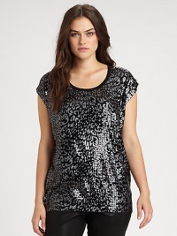 Designed to stand out from the crowd, this jersey top features cheetah foil print and shimmering sequins. Wear this knit design with luxe leather pants or coated-denim jeans.Round neckCap sleevesSequin frontSolid backPull-on styleAbout 28 from shoulder to hemRayonHand washImported Designed to stand out from the crowd, this jersey top features cheetah foil print and shimmering sequins. Wear this knit design with luxe leather pants or coated-denim jeans.Round neckCap sleevesSequin frontSolid backPull-on styleAbout 28 from shoulder to hemRayonHand washImported