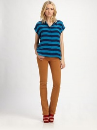 Bold stripes add graphic appeal to this tailored short-sleeve topper.Point collarButton frontCap sleevesHem longer in backAbout 21 from shoulder to hemSilkDry cleanImportedModel shown is 5'10 (178cm) wearing US size Small. Bold stripes add graphic appeal to this tailored short-sleeve topper.Point collarButton frontCap sleevesHem longer in backAbout 21 from shoulder to hemSilkDry cleanImportedModel shown is 5'10 (178cm) wearing US size Small.
