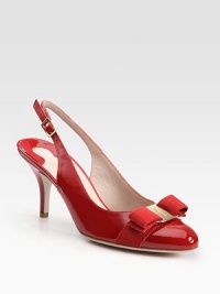 Classic patent leather with signature grosgrain bow at the pointed toe.Self-covered heel, 3¼ (80mm) Logo hardware Adjustable strap Leather lining and sole Padded insole Made in ItalyOUR FIT MODEL RECOMMENDS ordering one half size up as this style runs small. Classic patent leather with signature grosgrain bow at the pointed toe.Self-covered heel, 3¼ (80mm) Logo hardware Adjustable strap Leather lining and sole Padded insole Made in ItalyOUR FIT MODEL RECOMMENDS ordering one half size up as this style runs small.