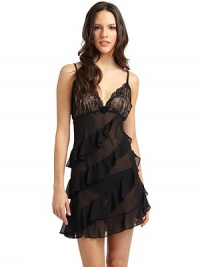 THE LOOKAdjustable twin shoulder strapsScalloped lace bra cupsElastic Empire waist with center rose appliquéAsymmetric tiers of ruffles in chiffon bodyTHE FITAbout 32 from shoulder to hemTHE MATERIALPolyesterCARE & ORIGINMachine washImported THE LOOKAdjustable twin shoulder strapsScalloped lace bra cupsElastic Empire waist with center rose appliquéAsymmetric tiers of ruffles in chiffon bodyTHE FITAbout 32 from shoulder to hemTHE MATERIALPolyesterCARE & ORIGINMachine washImported