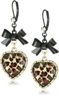 Betsey Johnson Crystal Leopard Heart and Black Bow Drop Earrings