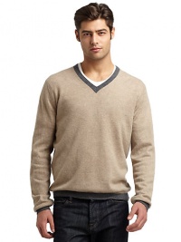 THE LOOKLuxe 2-ply cashmere from expertly maintained inner Mongolian cashmere goatsFeatures long, fine, smooth fibers top-dyed for maximum color saturationColorblock designContrast ribbed v-neckLong, ribbed contrast cuff sleevesRibbed contrast hemTHE MATERIALCashmereCARE & ORIGINDry cleanImported THE LOOKLuxe 2-ply cashmere from expertly maintained inner Mongolian cashmere goatsFeatures long, fine, smooth fibers top-dyed for maximum color saturationColorblock designContrast ribbed v-neckLong, ribbed contrast cuff sleevesRibbed contrast hemTHE MATERIALCashmereCARE & ORIGINDry cleanImported