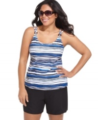 Sporty style's a cinch in Christina's plus size swim shorts! Sporty style's a cinch in Christina's plus size swim shorts!