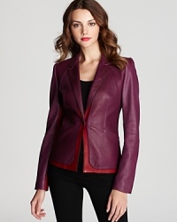Color blocking crafted in luxe leather reinvents a blazer silhouette from Elie Tahari. Color blocking crafted in luxe leather reinvents a blazer silhouette from Elie Tahari.