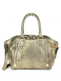 Foiled leather bag with a warm glow, a rich pebble texture, and the roomy shape of a classic satchel.Double top handles, 6 drop Detachable shoulder strap, 17 drop Top zip closure Protective metal feet One inside zip pocket Two inside open pockets Silky signature lining 12½W X 12H X 4¾D Imported