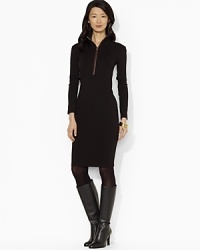 A chic ponte mockneck dress is given a luxurious update with supple leather trim at the arms and neckline. A chic ponte mockneck dress is given a luxurious update with supple leather trim at the arms and neckline.