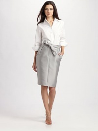 A touch of silk gives this cotton blend a gorgeous sheen, which is perfectly complemented by shiny buttons.Button-tab belt loopsSelf beltContrast pipingZip fly with button closureSide slash button pocketsConcealed side zipSilk liningAbout 24 from natural waist90% cotton/10% silkDry cleanMade in ItalyModel shown is 5'9 (175cm) wearing US size 4. A touch of silk gives this cotton blend a gorgeous sheen, which is perfectly complemented by shiny buttons.Button-tab belt loopsSelf beltContrast pipingZip fly with button closureSide slash button pocketsConcealed side zipSilk liningAbout 24 from natural waist90% cotton/10% silkDry cleanMade in ItalyModel shown is 5'9 (175cm) wearing US size 4.