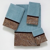 Luxurious velour decorative towel is embellished with a woven classic paisley border design in browns and blues. The border is finished off with a coordinating brown velvet ribbon. Luxurious velour decorative towel is embellished with a woven classic paisley border design in browns and blues. The border is finished off with a coordinating brown velvet ribbon.