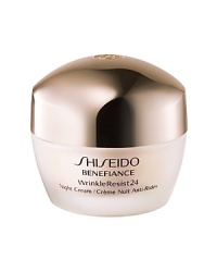 An age-defying nighttime moisturizer that intensively addresses lines and wrinkles before they become more serious. Offers visible reduction in the appearance of wrinkles and helps promote silky smooth skin condition while encouraging recovery by morning. Newly reformulated, Shiseido Benefiance WrinkleResist24 targets every step of wrinkle formation for youthful looking skin that can resist signs of aging. The entire line contains a revolutionary breakthrough ingredient, Mukurossi Extract, which directly inhibits the activity of a wrinkle-triggering enzyme. Skin is made resistant to future signs of aging while existing signs of wrinkles are visibly improved. An age-defying nighttime moisturizer that intensively addresses lines and wrinkles before they become more serious. Offers visible reduction in the appearance of wrinkles and helps promote silky smooth skin condition while encouraging recovery by morning. Newly reformulated, Shiseido Benefiance WrinkleResist24 targets every step of wrinkle formation for youthful looking skin that can resist signs of aging. The entire line contains a revolutionary breakthrough ingredient, Mukurossi Extract, which directly inhibits the activity of a wrinkle-triggering enzyme. Skin is made resistant to future signs of aging while existing signs of wrinkles are visibly improved.