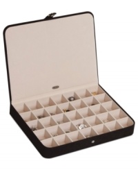 Think inside the Cameron jewelry box to secure favorite earrings, pins, pendants and more. Thirty-five equal sections will put everything in its place and help prevent messy tangles and knots. Think inside the Cameron jewelry box to secure favorite earrings, pins, pendants and more. Thirty-five equal sections will put everything in its place and help prevent messy tangles and knots.