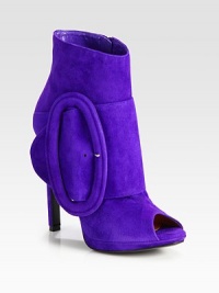 Lush suede covers this sky-high peep toe design with an exaggerated buckle for a luxe effect. Self-covered heel, 5 (125mm)Covered platform, ½ (15mm)Compares to a 4½ heel (115mm)Suede upperSide zip and adjustable buckle strapLeather lining and solePadded insoleMade in Italy Lush suede covers this sky-high peep toe design with an exaggerated buckle for a luxe effect. Self-covered heel, 5 (125mm)Covered platform, ½ (15mm)Compares to a 4½ heel (115mm)Suede upperSide zip and adjustable buckle strapLeather lining and solePadded insoleMade in Italy