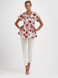 Eye-catching, oversize cherries are printed on gorgeous Italian silk and accented with a tie-front bow and ruffle hem.Elastic scoop neckline with bow Short puffed sleeves Ruffle hem About 28½ from shoulder to hem Silk Dry clean Made in Italy Eye-catching, oversize cherries are printed on gorgeous Italian silk and accented with a tie-front bow and ruffle hem.Elastic scoop neckline with bow Short puffed sleeves Ruffle hem About 28½ from shoulder to hem Silk Dry clean Made in Italy