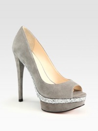 A glitter-coated insert adds a touch of sparkle to these peep-toe platform pumps of soft suede. Self-covered heel, 5¼ (130mm)Island platform with glitter-covered insert, 1¼ (30mm)Compares to a 4 heel (100mm)Leather upperPeep toeLeather lining and solePadded insoleImported A glitter-coated insert adds a touch of sparkle to these peep-toe platform pumps of soft suede. Self-covered heel, 5¼ (130mm)Island platform with glitter-covered insert, 1¼ (30mm)Compares to a 4 heel (100mm)Leather upperPeep toeLeather lining and solePadded insoleImported