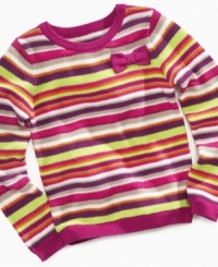 Put your brightest light in a bright, striped pullover from So Jenni with its own three-dimensional bow. Put your brightest light in a bright, striped pullover from So Jenni with its own three-dimensional bow.