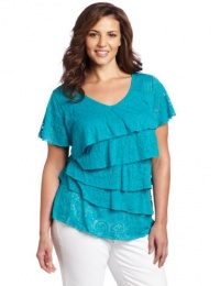 AGB Women's Solid Back Crochet Top With Ruffle Tiers and Flutter Sleeves AGB Women's Solid Back Crochet Top With Ruffle Tiers and Flutter Sleeves