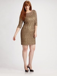 Reveal just a hint of skin in a floral lace dress of alluring construction.High round neck V-back with invisible zip closure Three-quarter sleeves About 22¼ from natural waist Full stretch lining 80% polyester/20% metallic, silk piping Dry clean Imported Reveal just a hint of skin in a floral lace dress of alluring construction.High round neck V-back with invisible zip closure Three-quarter sleeves About 22¼ from natural waist Full stretch lining 80% polyester/20% metallic, silk piping Dry clean Imported
