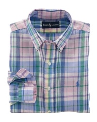 Cut for a relaxed, classic fit from lightweight linen, a handsome sport shirt is accented with a bright plaid pattern for preppy heritage. Cut for a relaxed, classic fit from lightweight linen, a handsome sport shirt is accented with a bright plaid pattern for preppy heritage.