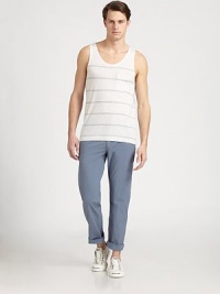 Beat the heat this summer in this striped tank top in a loose-fitting, cotton melange accented by a chest patch pocket.Scoop neckChest patch pocketCottonDry cleanImported Beat the heat this summer in this striped tank top in a loose-fitting, cotton melange accented by a chest patch pocket.Scoop neckChest patch pocketCottonDry cleanImported