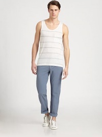 Beat the heat this summer in this striped tank top in a loose-fitting, cotton melange accented by a chest patch pocket.Scoop neckChest patch pocketCottonDry cleanImported