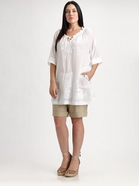 If you're looking for shorts with a relaxed fit, look no further than this linen style with classic front pleats and sporty, drawstring ties. Hook-and-eye closureDrawstring detailCord endsFront pleats and slash pocketsCuffed hemBack waist darts and welt pocketsInseam, about 8LinenMachine washImported If you're looking for shorts with a relaxed fit, look no further than this linen style with classic front pleats and sporty, drawstring ties. Hook-and-eye closureDrawstring detailCord endsFront pleats and slash pocketsCuffed hemBack waist darts and welt pocketsInseam, about 8LinenMachine washImported