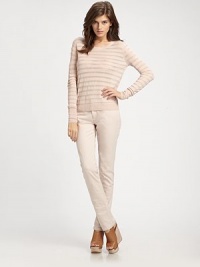 Traditional crewneck with semi-sheer stripes and ribbed details. CrewneckLong sleevesRibbed cuffs and hemInseam, about 3670% viscose/30% linenDry cleanImported of Italian fabric Traditional crewneck with semi-sheer stripes and ribbed details. CrewneckLong sleevesRibbed cuffs and hemInseam, about 3670% viscose/30% linenDry cleanImported of Italian fabric