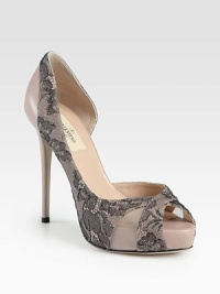Utterly feminine peep toe pump of Italian leather, topped with sexy mesh cutouts and a crystal-beaded lace overlay. Leather-covered heel, 5 (125mm)Covered platform, 1 (25mm)Compares to a 4 heel (100mm)Leather upper with crystal-beaded lace overlayPeep toeLeather lining and solePadded insoleMade in Italy Utterly feminine peep toe pump of Italian leather, topped with sexy mesh cutouts and a crystal-beaded lace overlay. Leather-covered heel, 5 (125mm)Covered platform, 1 (25mm)Compares to a 4 heel (100mm)Leather upper with crystal-beaded lace overlayPeep toeLeather lining and solePadded insoleMade in Italy