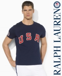 Celebrate the USA's participation in the 2012 Summer Olympics with vintage style in this old-school custom-fit ringer tee accented with a sewn USA and Polo patches. Celebrate the USA's participation in the 2012 Summer Olympics with vintage style in this old-school custom-fit ringer tee accented with a sewn USA and Polo patches.