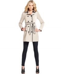 Faux-leather trim adds edge to this otherwise classic Kensie trench coat for a fashion-forward fall look! Faux-leather trim adds edge to this otherwise classic Kensie trench coat for a fashion-forward fall look!