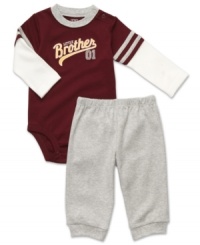 On deck! Little brother will be ready to go to bat in this sporty bodysuit and pant set from Carter's. On deck! Little brother will be ready to go to bat in this sporty bodysuit and pant set from Carter's.