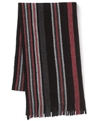 The fringed ends extend the stripe pattern on this choice scarf of wool and softer-than-soft cashmere, creating a fine complement to your cold weather coat. The fringed ends extend the stripe pattern on this choice scarf of wool and softer-than-soft cashmere, creating a fine complement to your cold weather coat.