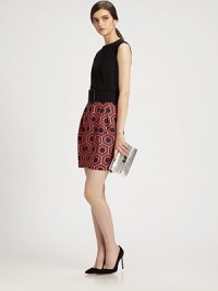 The effortless look of separates paired in one seamless silk shift, snugly belted at the waist with a vibrant tile-print skirt.JewelneckSleevelessWide belt at waistPleats below waistCenter back zipperAbout 19 from natural waistSilkDry cleanMade in USA of Italian fabricModel shown is 5'9½ (176cm) wearing US size 4. The effortless look of separates paired in one seamless silk shift, snugly belted at the waist with a vibrant tile-print skirt.JewelneckSleevelessWide belt at waistPleats below waistCenter back zipperAbout 19 from natural waistSilkDry cleanMade in USA of Italian fabricModel shown is 5'9½ (176cm) wearing US size 4.