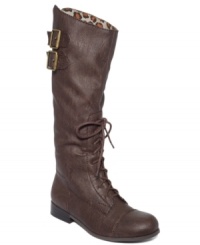 Tall and strong. American Rag's Saddle boots lace-up midway and feature buckle detailing around the calf. Tall and strong. American Rag's Saddle boots lace-up midway and feature buckle detailing around the calf.