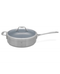Combining a history of professional performance and unbeatable quality with stainless steel mastery, this fully clad 3-ply sauté pan takes center stage in your space. The eco-friendly Thermolon nonstick ceramic coating and thick aluminum core promote hassle-free meals where food cooks quickly, evenly & releases with ease. 2-year warranty. Combining a history of professional performance and unbeatable quality with stainless steel mastery, this fully clad 3-ply sauté pan takes center stage in your space. The eco-friendly Thermolon nonstick ceramic coating and thick aluminum core promote hassle-free meals where food cooks quickly, evenly & releases with ease. 2-year warranty.