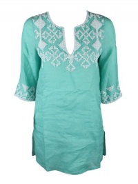 Calypso womens coraline beaded linen tunic aqua shirt XS Calypso womens coraline beaded linen tunic aqua shirt XS
