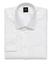Long sleeve, button front dress shirt in a clean, regular fit. Spread collar with one button barrel cuffs. Pocket at chest. Solid white. Long sleeve, button front dress shirt in a clean, regular fit. Spread collar with one button barrel cuffs. Pocket at chest. Solid white.