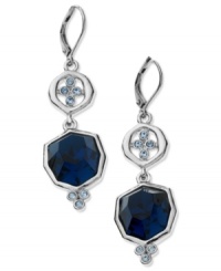 Stylish in silver. T Tahari puts a faceted blue Montana glass stone front and center, with light sapphire accents for a tranquil effect. The base of these drop earrings are crafted from silver tone, nickel-free mixed metal. Approximate drop: 2-1/4 inches. Stylish in silver. T Tahari puts a faceted blue Montana glass stone front and center, with light sapphire accents for a tranquil effect. The base of these drop earrings are crafted from silver tone, nickel-free mixed metal. Approximate drop: 2-1/4 inches.