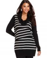 Stand out this season with AGB's striped plus size tunic sweater, finished by a cowl neckline. Stand out this season with AGB's striped plus size tunic sweater, finished by a cowl neckline.