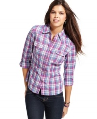 Lovin' plaids this season! Ali & Kris updates the classic print with a fresh color palette -- and makes this button-down top an absolute closet essential. Lovin' plaids this season! Ali & Kris updates the classic print with a fresh color palette -- and makes this button-down top an absolute closet essential.