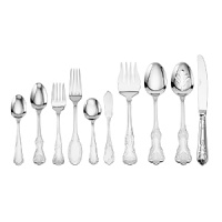 Perfect for everyday dining and for special occasions, Wallace's hotel flatware collection features five assorted designs for an eclectic take on traditional table setting. Service for twelve includes 12 each of: Impero dinner fork, Queens salad fork, William & Mary dinner knife and Federalist dinner spoon, plus 24 Barocco teaspoons and one each of: Federalist tablespoon, Federalist pierced tablespoon, Queens cold meat fork, Barocco sugar spoon and Venezia butter knife.