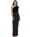 Lauren Ralph Lauren's luxurious floor-length dress, accompanied by an embellished satin belt, is crafted from sleek matte jersey with a velvet bodice.