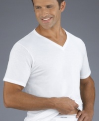 Sometimes clothing speaks for our being. Lucky for you, this v-neck tee provides a tell-all look into your keen sense of comfort, practicality and style. Classic design and cool, cotton fibers come together for a great look with a lightweight feel. Features a tag-free, reinforced collar. This everyday staple works well under anything; mix with dress clothes and look your best in a suit and tie.