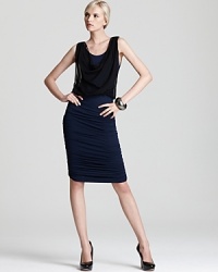 A drapey sheer overlay at the bodice brings a fresh layered look to this Alice + Olivia dress--a must-have addition to your office-to-fête frock collection. A drapey sheer overlay at the bodice brings a fresh layered look to this Alice + Olivia dress--a must-have addition to your office-to-fête frock collection.