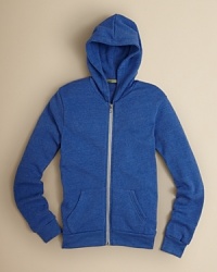 Regular-fit long-sleeve zip hoodie with kangaroo front pocket, natural color zipper tape, nickel zipper and shoestring drawstring. Regular-fit long-sleeve zip hoodie with kangaroo front pocket, natural color zipper tape, nickel zipper and shoestring drawstring.